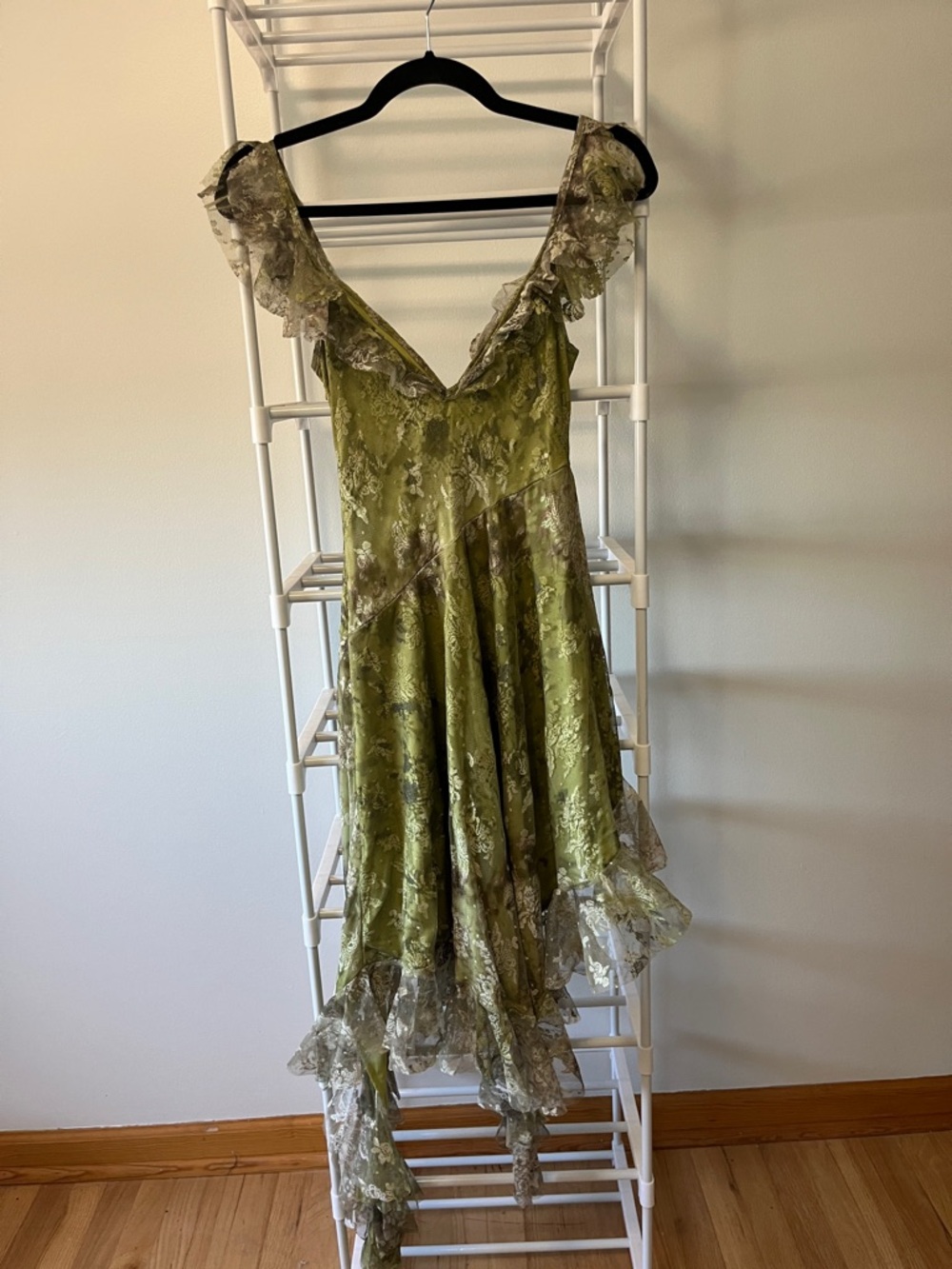 Urban Outfitters Olive Green Lace-Trim Asymmetrical Slip Dress - Picture 8 of 11
